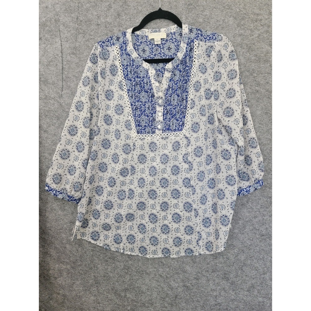 Forever 21 Plus White Blue Floral Lace Trim 3/4 Sleeve Blouse Top XL